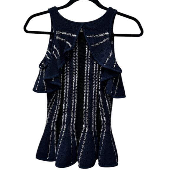 Jonathan Simkhai Navy Blue Striped Cold Shoulder Knit Crochet Peplum - Picture 7 of 8